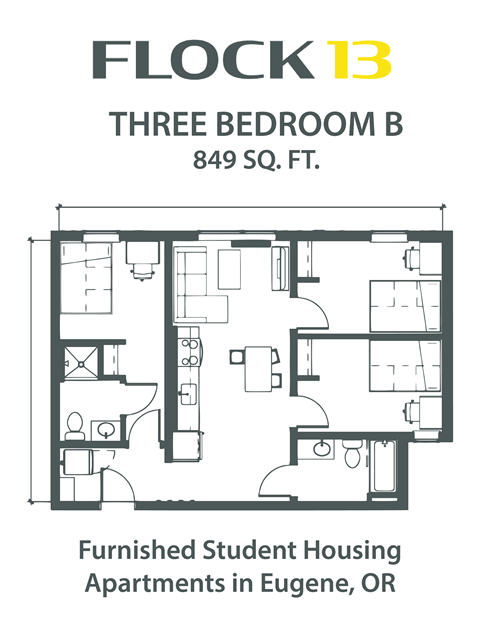 Floor plan for 3 beds, 2 baths, 849 sqft